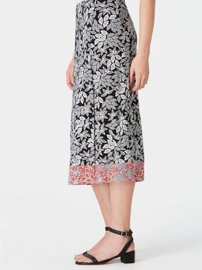 J.Jill black white abstract leaf print side slit faux wrap pull on midi skirt M